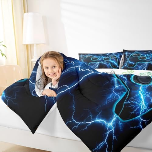 Erosebridal Gaming Comforter Set Gamer Twin Bedding Sets for Girls, Video Game Consoles Comforter Blue Lightning Quilt,Gamer Room Decor for Boys
