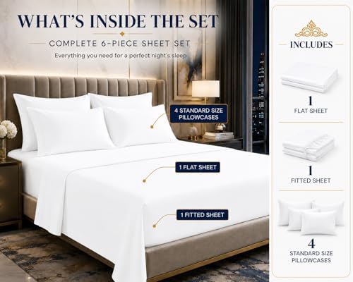 100% Egyptian Cotton Queen Sheet Set 6 Piece, Deep Pocket Bed Sheets, White