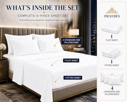 100% Egyptian Cotton Queen Sheet Set 6 Piece, Deep Pocket Bed Sheets, White