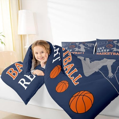 Castle Fairy Basketball Bed Comforter Set Queen Size,Balls Sport Game Navy Blue Super Soft Microfiber Bedding Set for Adults Men,Basketball Court Decorative Comforter Set,3 Pcs