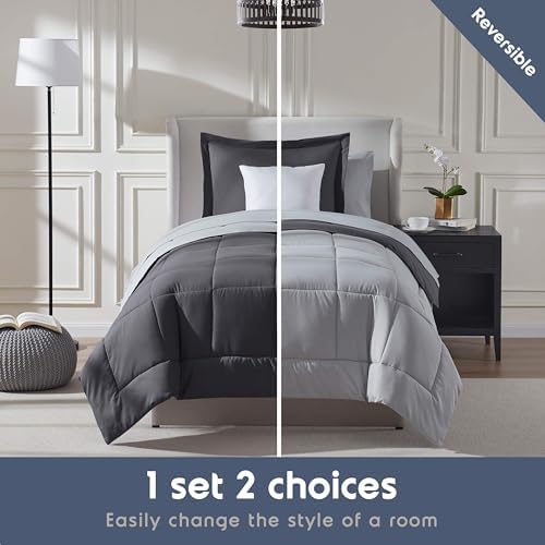 Nestl 7 Piece Twin Comforter Set – Dark Grey Reversible Bed in a Bag – Complete Twin Size Bedding Set with Sheets, Set of 2 Down Alternative Pillows, Pillowcase and Sham