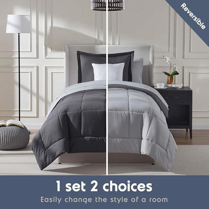 Nestl 7 Piece Twin Comforter Set – Dark Grey Reversible Bed in a Bag – Complete Twin Size Bedding Set with Sheets, Set of 2 Down Alternative Pillows, Pillowcase and Sham