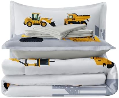 4-Pcs Engineering Vehicle Twin Size Bedding Set for Kids Boys, Grey