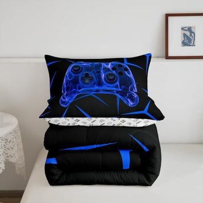 Castle Fairy Game Controller Bed Comforter Set Queen Size,Gaming Game Controller Blue Super Soft Microfiber Bedding Set for Adults Teens,Geometric Honeycomb Comforter Set,2 Pillowcases