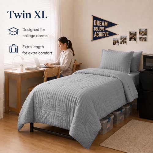 CozyLux Twin XL Comforter Set, 5 Pieces Grey Seersucker Bed in a Bag