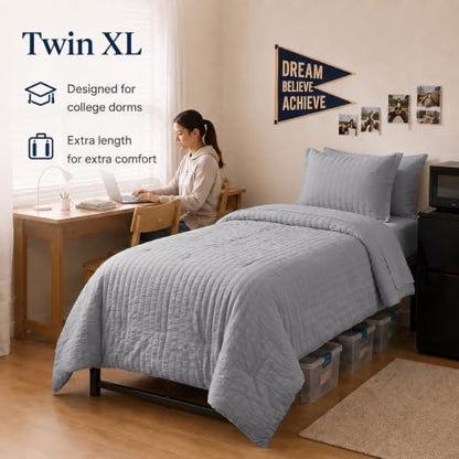 CozyLux Twin XL Comforter Set, 5 Pieces Grey Seersucker Bed in a Bag
