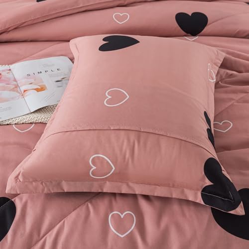 Caressma Pink Comforter Set Queen Size Black Heart 3pcs with Pillowcase