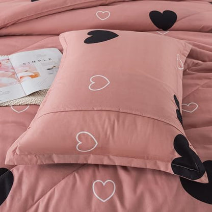 Caressma Pink Comforter Set King Size Black Heart 3pcs with Pillowcase