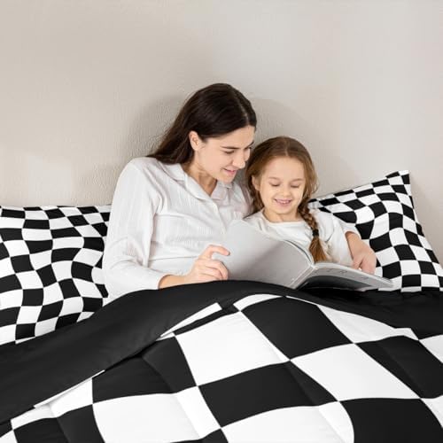 Checkered Comforter Set Toddler Size Abstract Geometric Bedding Set for Kids Boys Girls Modern Geometric White Black Duvet Quilt Cute Neutral Aesthetic Plaid Bedroom Decor 2 Pcs with 1 Pillow Cases