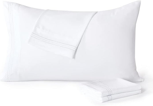 YIYEA Pillow Cases Standard Size Set of 4, Ultra Soft 1800TC Hotel Quality Double Brushed Microfiber Embroidered Pillowcases, Envelope Closure, Fade Resistant (20"x26", White)