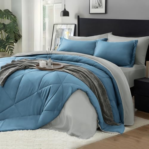 BEDELITE Queen Comforter Set 7 Pieces, Reversible Blue Bed in A Bag