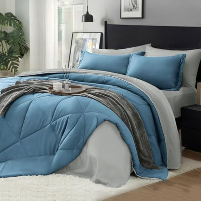 BEDELITE Queen Comforter Set 7 Pieces, Reversible Blue Bed in A Bag