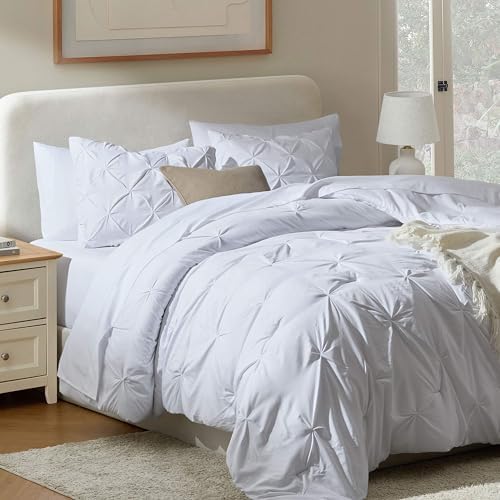Nestl 9 Piece California King Comforter Set – White Pinch Pleated Bed in a Bag – Complete Cal King Size Bedding Set with Sheets, Set of 2 Cooling Pillows, Pillowcases and Shams
