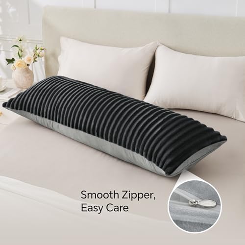 BEDELITE Fluffy Striped Body Pillow Cover with Zipper, Black Grey, 20x54