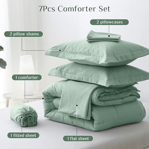 JOLLYVOGUE Queen Comforter Set, Ultra-Soft Bed in a Bag Queen Size 7 Pieces, Oeko-TEX Certified Bedding Set with Down Alternative Comforter, Sheets, Pillowcases & Shams, Sage Green