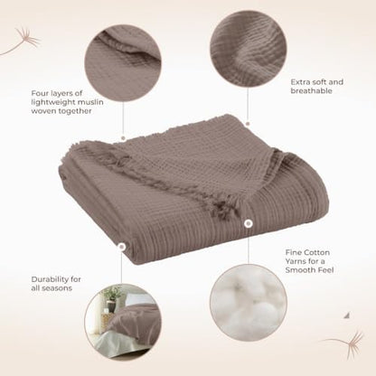 100% Cotton Organic Muslin Throw Blanket for Adults GOTS & Fairtrade Certified Organic Cotton - Couch Living Room and Bedroom Decor - 4 Layer Super Soft and Cozy (Moon Rock, Large Throw)