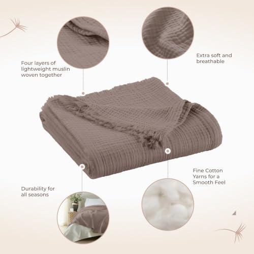 100% Cotton Organic Muslin Throw Blanket for Adults GOTS & Fairtrade Certified Organic Cotton - Couch Living Room and Bedroom Decor - 4 Layer Super Soft and Cozy (Moon Rock, Throw)
