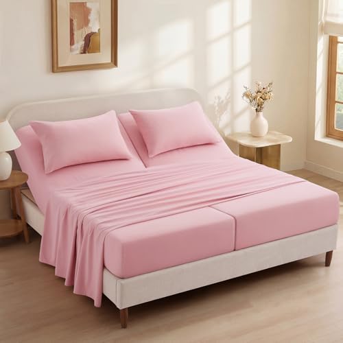 P Pothuiny 5-Piece Split King Sheets Set, Pink Soft Microfiber Fabric