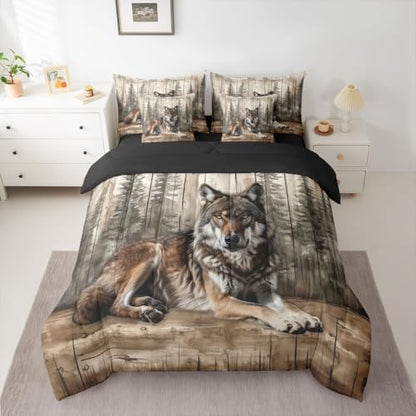 Erosebridal Hunt Wolf Bedding Set King Hunting Animal Comforter Set 7 Piece Country Jungle Pine Tree Bed in A Bag for Adults Rustic Forest Cabin Quilt with Flat Fitted Sheet