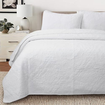 Cozy Line Home Fashions Solid White 100% Cotton Quilt Set, Queen