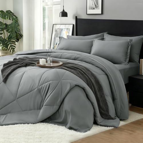 BEDELITE Queen Comforter Set 7 Pieces, Solid Dark Grey Bed in A Bag