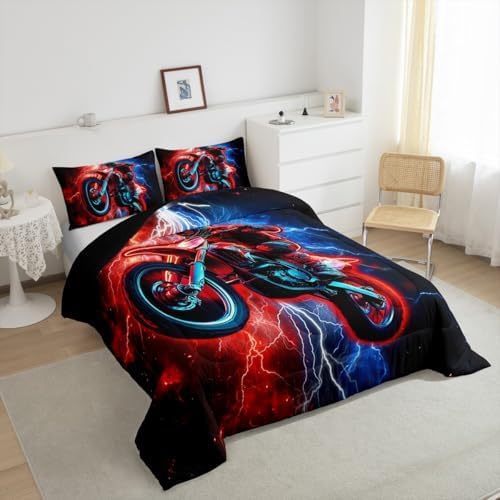 Feelyou Red Racing Motocross Rider Kids Bedding Set,Boys Girls Queen Size,Dirt Bike Comforter Set,Red and Blue LightningUltra Soft Duvet Quilt,Extreme Sports Comforter Motorbike Bedroom Decor