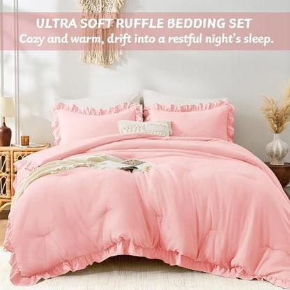 FUANNA Pink King Size Comforter Set, Ruffle Bedding Set, 3 Pieces Bed Set