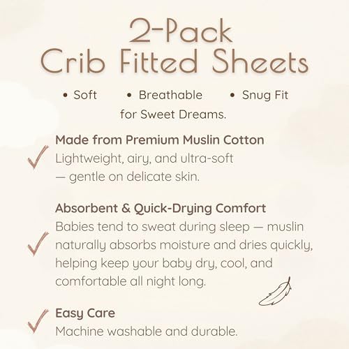 Muslin Cotton Crib Sheets for Boys and Girls, 2 Pack 52"x28" Fitted Baby Crib Sheet for Girl Boy, Soft Baby and Toddler Bed Sheets, Mattress Cover Muslin Cribs Sheet Set Nursery Gift Neutral Rainbow