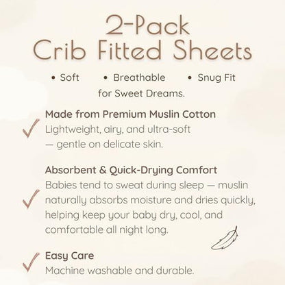 Muslin Cotton Crib Sheets for Boys and Girls, 2 Pack 52"x28" Fitted Baby Crib Sheet for Girl Boy, Soft Baby and Toddler Bed Sheets, Mattress Cover Muslin Cribs Sheet Set Nursery Gift Neutral Rainbow