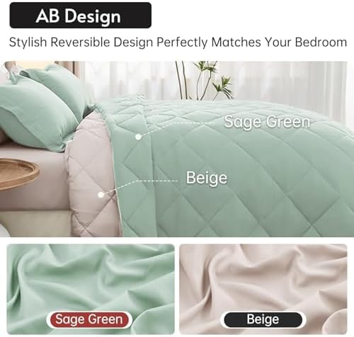 MUXHOMO 7 Pieces King Comforter Set, Reversible Bed in a Bag King Size, All Season Bedding Set with Comforter, Flat Sheet, Fitted Sheet, Pillowcases & Shams, Sage Green & Beige