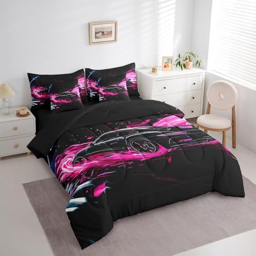 Feelyou Race Car Comforter Set with Sheets Queen Size Kids Speed Sports Car 7 Pieces Bedding Set for Boys Girls Teens Racing Car Bed in a Bag Breathable Extreme Sports Bed Set Pink Automobile