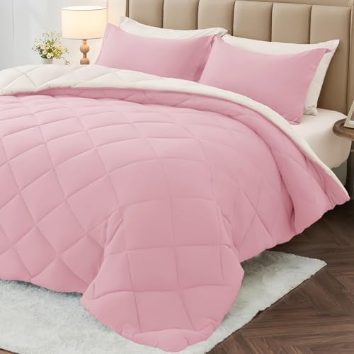 MUXHOMO 7 Pieces California King Comforter Set, Reversible Bed in a Bag Cal King Size, All Season Bedding Set with Comforter, Flat Sheet, Fitted Sheet, Pillowcases & Shams, Light Pink & Ivory
