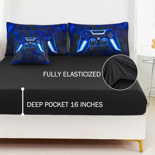 URBONUR Blue Gaming Comforter Set for Boys Twin Size 6 Pieces
