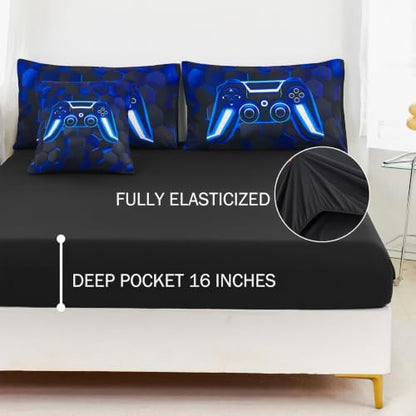 URBONUR Blue Gaming Comforter Set for Boys Queen Size 6 Pieces