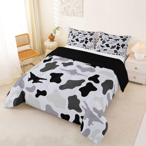 Manfei Grey Camouflage Comforter Set Full Size,Military Aircraft Camo Bedding Set 3pcs,Airplane Themed Camo Down Comforter for All Season,Kids Boys Girls Room Decor,2 Pillowcases,No Sheets