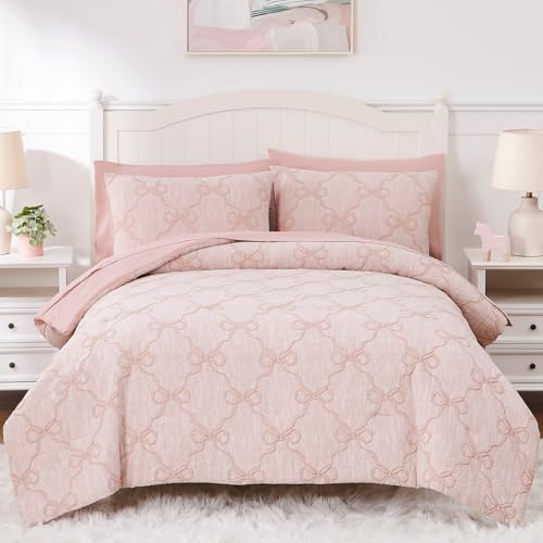 Queen Comforter Set with Sheets for Girls-7 Pieces Bow Bed in A Bag