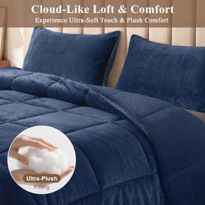 Fluffy Sherpa King Comforter Set, Thick Bedding Set 3 Pieces, Navy