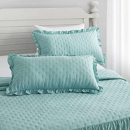 CHIXIN Ruffle Skirt Bedspread King Size - 30" Long Drop, Shabby Chic Style, Lightweight Bedding Cover, 3 Piece Set, Seaglass