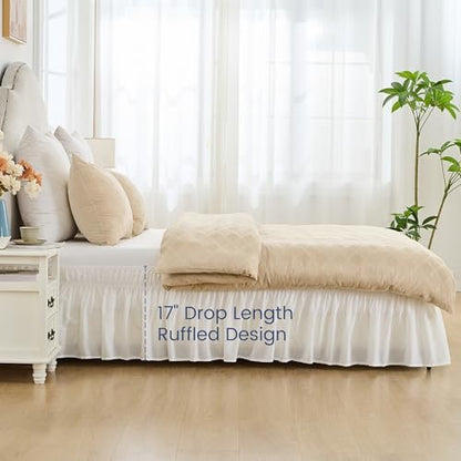 BISELINA Wrap Around Bed Skirts 17" Drop, Cotton Adjustable Elastic Dust Ruffles Easy Fit Wrinkle & Fade Resistant Soft Cozy Elegant Luxurious Bedding - White, King Size