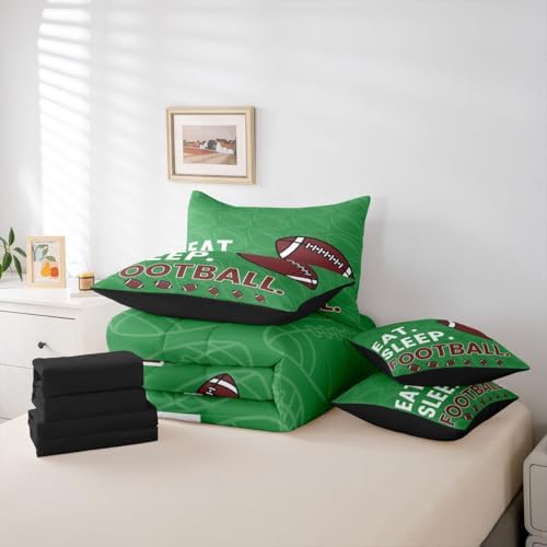Erosebridal Kids Boys Green Rugby Gaming Full Comforter Set 7 Pieces | Ball Games Bed in A Bag for Bedroom Football Bedding Set with Comforters Sports Room Decor