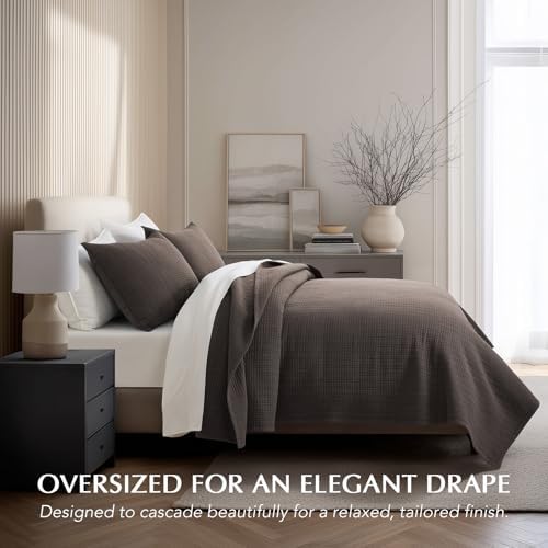 EverGrace 100% Cotton Modern Grid Stitch Quilt Set, Queen Size, Dark Brown