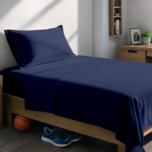 SUPREME ELEGANCE Twin XL Deep Pocket Sheets, 100% Organic Cotton, Dark Blue