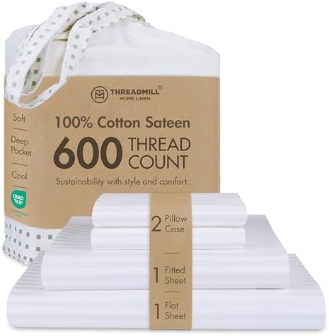 Threadmill 600TC Cotton King Sheet Set, Sateen, Damask Stripe, White