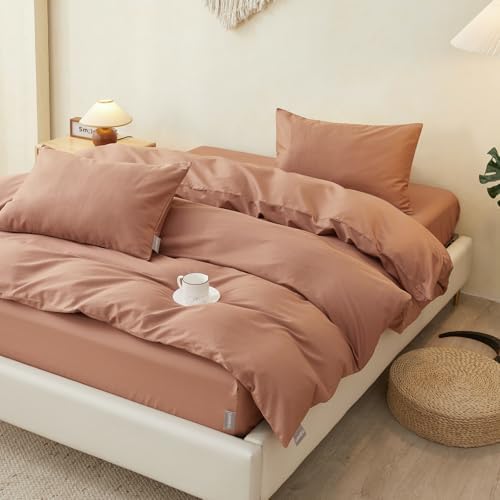 SAPHREAS Duvet Cover Set King Size 100% Organic Cotton Mocha Mousse, 3 Pcs Soft Bedding Comforter Cover with Zipper Closure & Corner Ties, Comforter Not Included