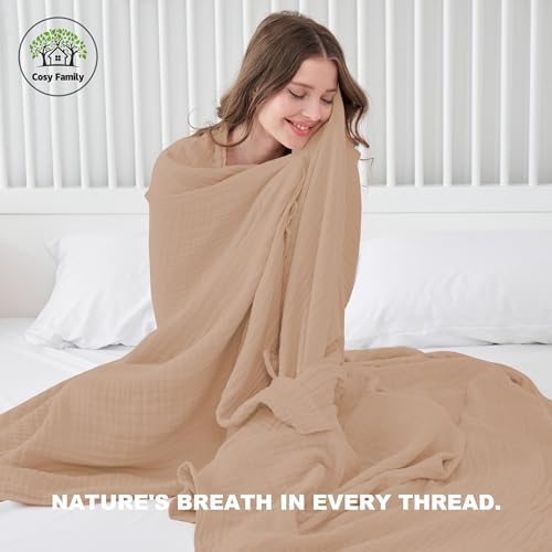 Cosy Family 4 Layer Muslin Bed Blanket - Breathable and Lightweight Gauze Boho Blanket for Spring, Soft 100% Cotton Muslin Blanket, Brown, 55x80 Inches