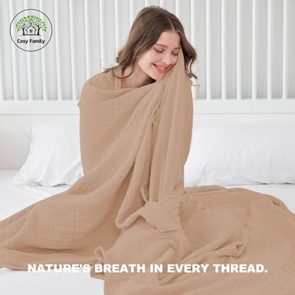 Cosy Family 4 Layer Muslin Bed Blanket - Breathable and Lightweight Gauze Boho Blanket for Spring, Soft 100% Cotton Muslin Blanket, Brown, 55x80 Inches