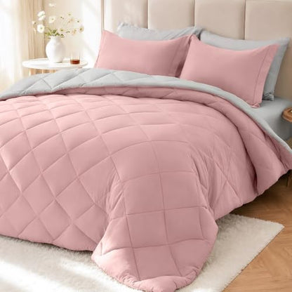 MUXHOMO 5 Pieces Twin Comforter Set, Reversible Bed in a Bag Twin Size, All Season Bedding Set with Comforter, Flat Sheet, Fitted Sheet, Pillowcases & Shams, Pink & Light Grey