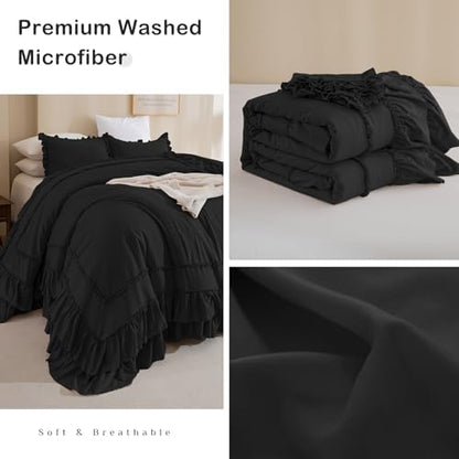 Masaca Oversized King Comforter Set 120x120,Farmhouse Shabby Boho Chic Black Ruffle California King Comforter Oversized French Country Rustic Bedding 3PCS (1 Ruffled Comforter+2 Pillow Shams)