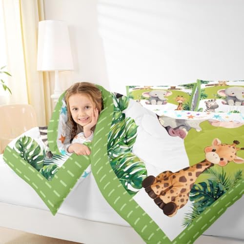 Feelyou Cartoon Animals Comforter Set Full Size Cute Elephant Zebra Leopard Giraffe Bedding Set for Kids Boys Girls Palm Leaves Duvet Quilt Bedroom Decor Microfiber 3 Pcs with 2 Pillow Cases