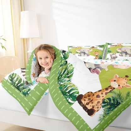 Feelyou Cartoon Animals Comforter Set Full Size Cute Elephant Zebra Leopard Giraffe Bedding Set for Kids Boys Girls Palm Leaves Duvet Quilt Bedroom Decor Microfiber 3 Pcs with 2 Pillow Cases